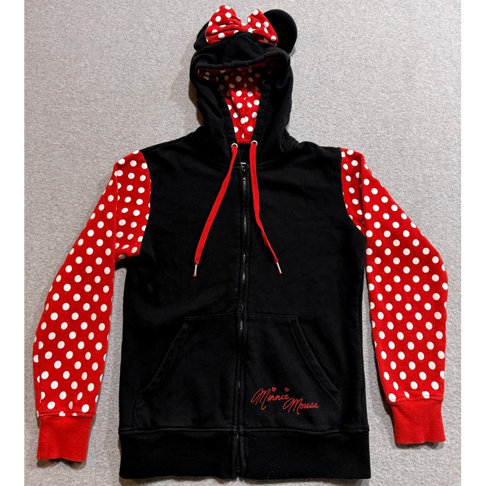 Disney Parks Minnie Mouse Ears Bow Polka Dot Zip Up Hoodie Black Red Womens S